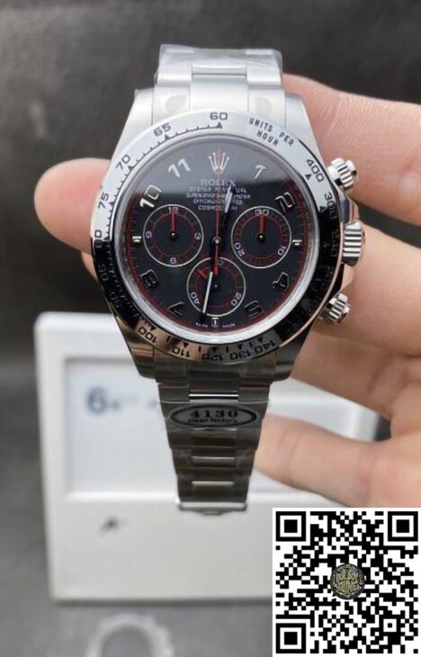 Rolex Daytona 116509 in 904L Steel Black Dial with Red Hand & Dial Ring Numeral Markers SA4130 Movement