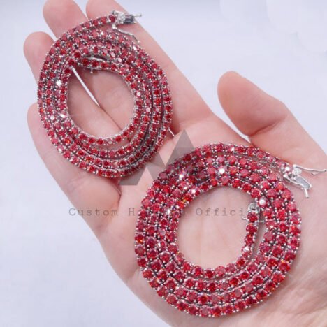 3mm-4mm Hip Hop Red Moissanite Tennis Chain | Sterling Silver & White Gold Plated