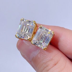 VVS Moissanite Stud Earrings, Emerald Cut, Yellow Gold, Screw Back, Hip Hop Style - Image 3