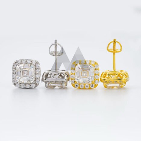 Men's Asscher Cut Moissanite Stud Earrings, Screw Back, Hip Hop Style