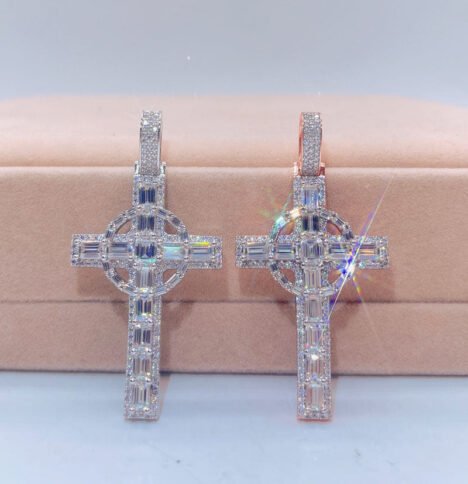 VVS Moissanite Diamond Cross Pendant - Iced Out Baguette Cut Hip Hop Charm - Image 2