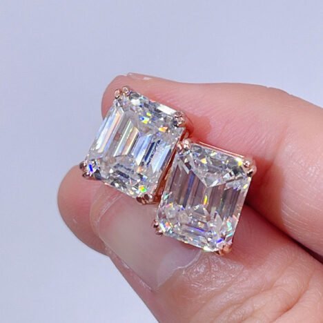 Emerald-Cut Moissanite Diamond Stud Earrings in Rose Gold, Screw Back, Hip Hop Style - Image 2