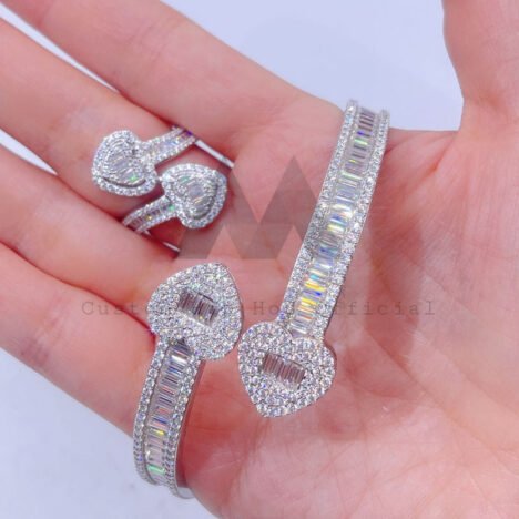 925 Silver White Gold Plated Baguette Moissanite Heart Bangle - Hip Hop Jewelry - Image 3