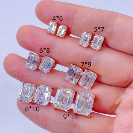 Emerald-Cut Moissanite Diamond Stud Earrings in Rose Gold, Screw Back, Hip Hop Style