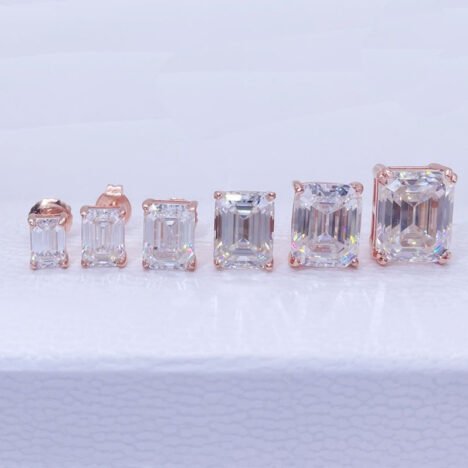 Emerald-Cut Moissanite Diamond Stud Earrings in Rose Gold, Screw Back, Hip Hop Style - Image 3