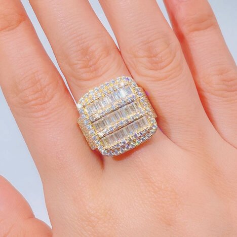 14K Gold Plating Over Solid 925 Baguette Cut Moissanite Diamond Cluster Hip Hop Iced Out Ring - Image 2