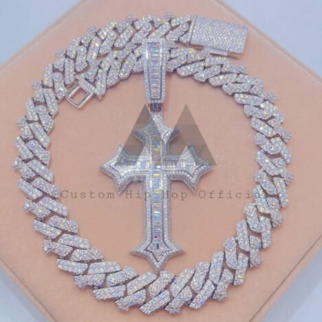 XXL Baguette Cut Mix Round Brilliant Cut Moissanite Cross Charm Iced Out - Image 3