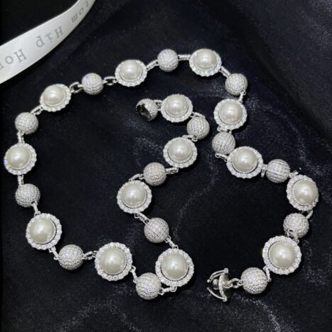 925 Sterling Silver Moissanite Ball Chain Necklace with Freshwater Pearls - Hip Hop Jewelry - Image 2