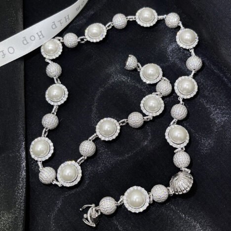 925 Sterling Silver Moissanite Ball Chain Necklace with Freshwater Pearls - Hip Hop Jewelry