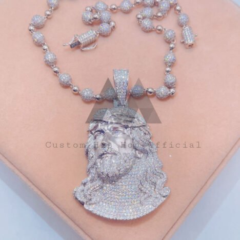 VVS Moissanite Diamond Jesus Pendant, Silver Iced Out Rosary Chain, Hip Hop Jewelry - Image 3