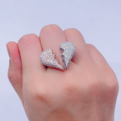 Rose Gold Moissanite Broken Heart Ring - Hip Hop Style Jewelry