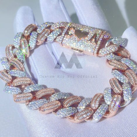 16MM Moissanite Cuban Bracelet - Rose Gold Two-Tone, Baguette & Round Cut