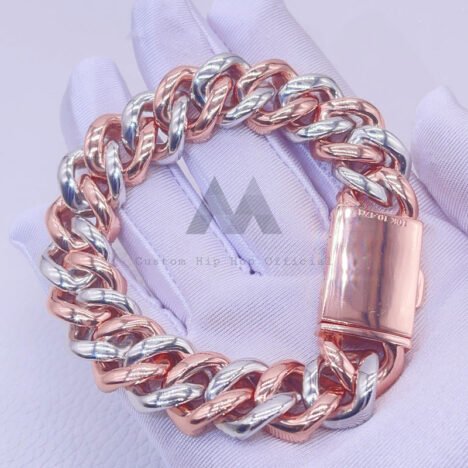 16MM Moissanite Cuban Bracelet - Rose Gold Two-Tone, Baguette & Round Cut - Image 3