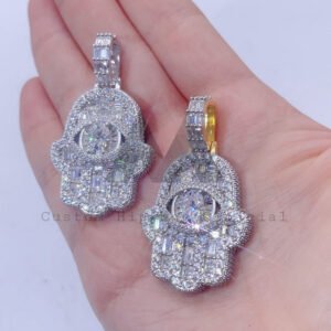Hip Hop Iced Out Sterling Silver VVS Baguette Moissanite Hamsa Pendant - Image 3
