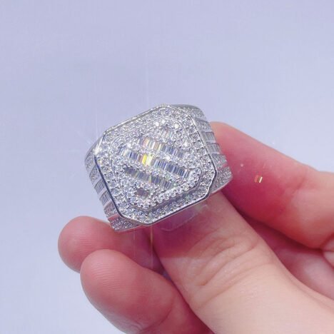 Men's 925 Silver Iced Out Moissanite Diamond Cluster Ring, White Gold Plated