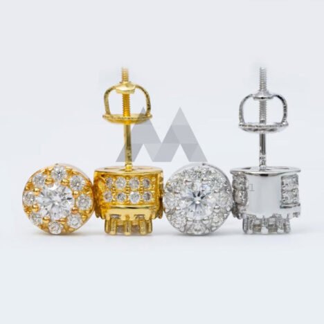 Moissanite Diamond Stud Earrings, Screw Back, Halo Style, Hip Hop Accessory