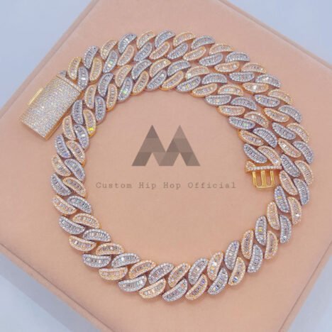 18MM 2-Tone Yellow Gold Baguette Moissanite Iced Cuban Link Chain