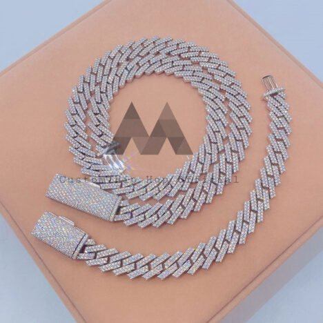 Sterling Silver 2 Rows 13MM Moissanite Diamond Cuban Link Chain Bracelet Set - Image 2