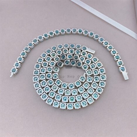 6.5MM Tiffany Blue Green Moissanite Tennis Chain, White Gold Plated 925 Silver Hip Hop Jewelry - Image 2
