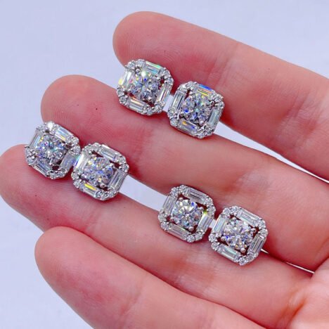 VVS Moissanite Stud Earrings, Sterling Silver 925, Round & Baguette Cut