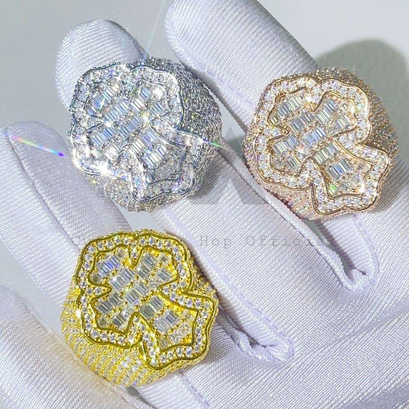Iced Out VVS Moissanite Baguette Cross Ring - Hip Hop Style Jewelry
