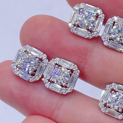VVS Moissanite Stud Earrings, Sterling Silver 925, Round & Baguette Cut - Image 2