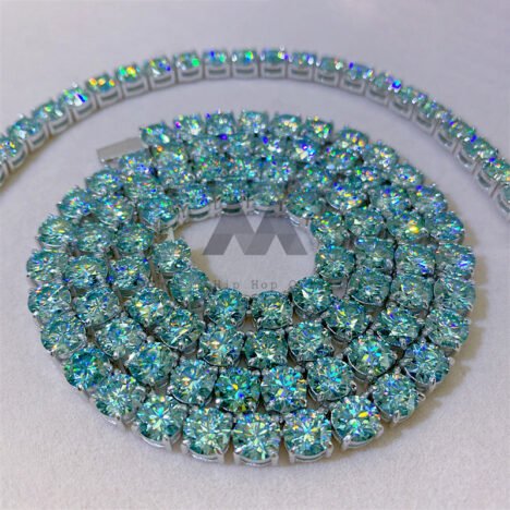 6.5MM Tiffany Blue Green Moissanite Tennis Chain, White Gold Plated 925 Silver Hip Hop Jewelry