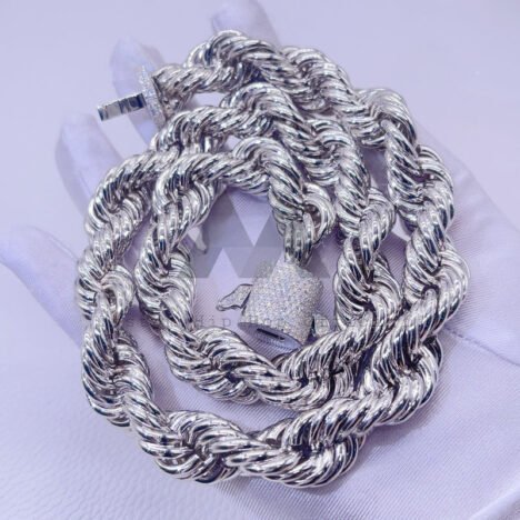 15MM Silver Moissanite Diamond Rope Chain | Iced Out VVS Clasp