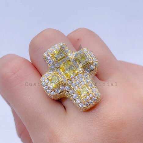 Yellow Moissanite Cross Ring, Hip Hop Style, 14K Gold Plated Sterling Silver