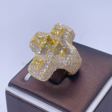 Yellow Moissanite Cross Ring, Hip Hop Style, 14K Gold Plated Sterling Silver - Image 3