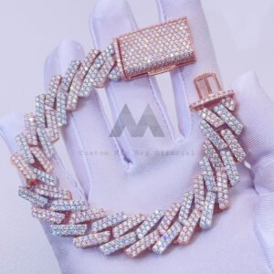 15MM Iced Out Moissanite Cuban Bracelet in Rose Gold Tone