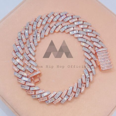 15mm 2 Row Baguette Cut Moissanite Link Cuban Chain Hip Hop