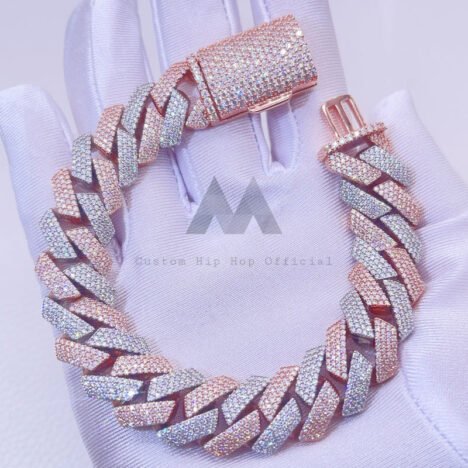 20MM Moissanite Cuban Bracelet | Rose & White Gold Hip Hop Jewelry