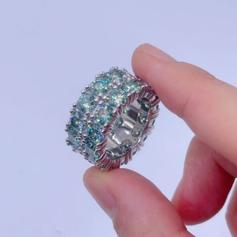 2 Rows 4MM Moissanite Eternity Ring With Tiffany Blue Moissanite Diamonds - Image 3