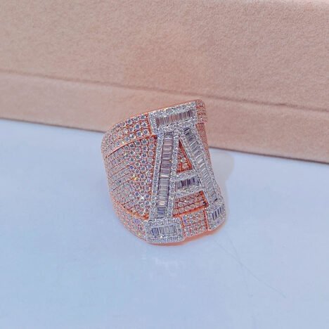 Iced Out Moissanite Initial Ring - Rose Gold Tone Baguette Hip Hop Jewelry - Image 3