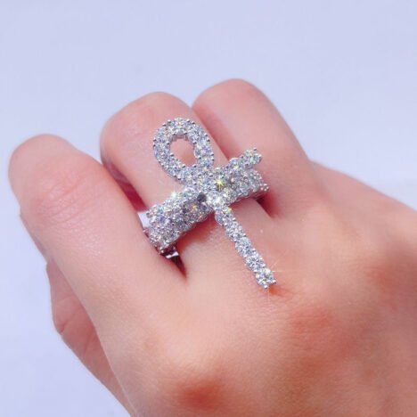 Iced Out Sterling Silver Ankh Cross Ring with Moissanite Diamonds - Hip Hop Jewelry - Image 3