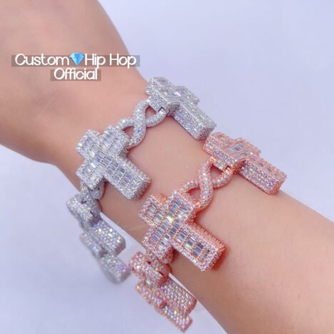 8" White/Rose Gold Moissanite Cross Charm Bracelet - Hip Hop Infinity Cuban Link"