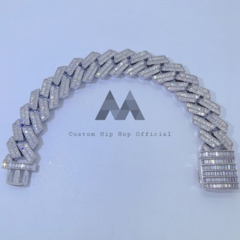 Hip Hop Buss Down 20MM 2Row Baguette Cuban Link Bracelet Sterling Silver White Gold - Image 2