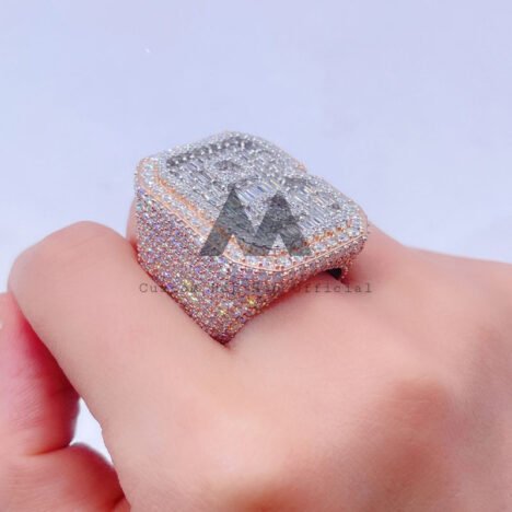 Rose Gold Sterling Silver Initial 'B' Ring - Iced Out Baguette Hip Hop Jewelry - Image 2