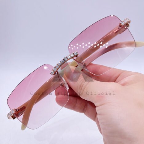 VVS Moissanite Iced Out Sunglasses - 10K Rose Gold with Light Pink Lens, Hip Hop Jewelry