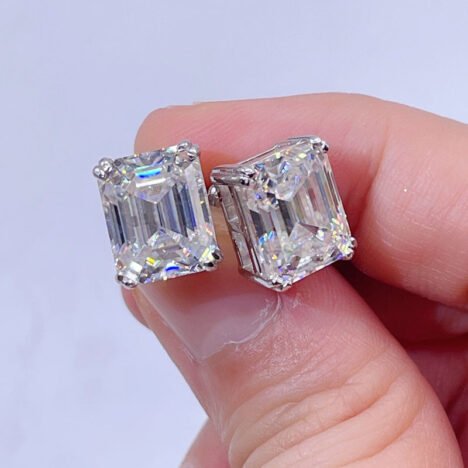 White Gold Over Sterling Silver 925 Emerald Cut VVS Moissanite Studs Screw Back - Image 3