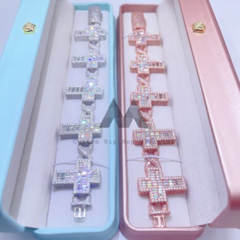 8" White/Rose Gold Moissanite Cross Charm Bracelet - Hip Hop Infinity Cuban Link" - Image 3