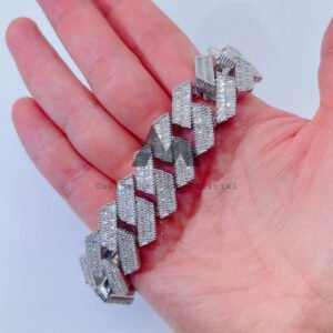 Hip Hop Buss Down 20MM 2Row Baguette Cuban Link Bracelet Sterling Silver White Gold - Image 3