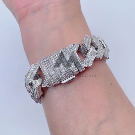 Hip Hop Buss Down 20MM 2Row Baguette Cuban Link Bracelet Sterling Silver White Gold - Image 4