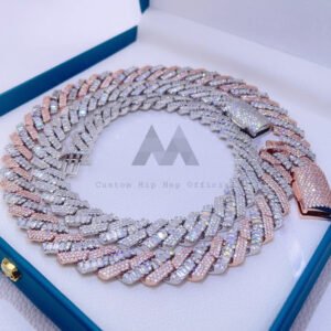15MM Baguette Cut Mix Round Cut Moissanite Solid Cuban Chain Necklace - Image 3