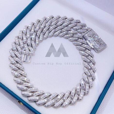 20MM Sterling Silver Cuban Chain in White Gold, VVS Moissanite Baguette, Hip Hop Jewelry - Image 2