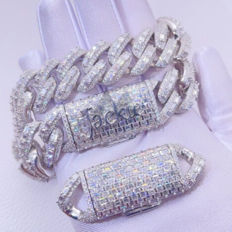 20MM Sterling Silver Cuban Chain in White Gold, VVS Moissanite Baguette, Hip Hop Jewelry