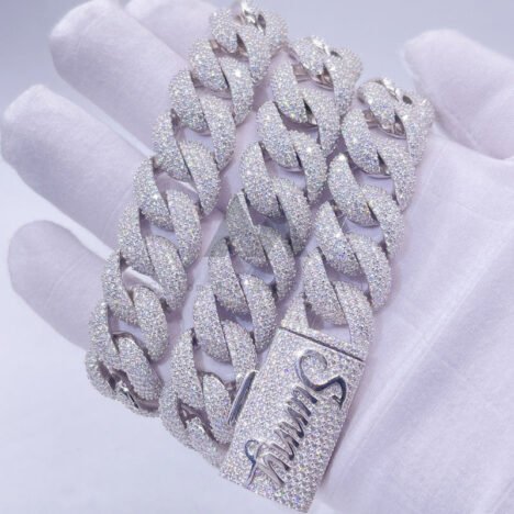 18MM Thick Heavy Solid Silver 3 Rows Cuban Chain with VVS Moissanite Diamond with Custom Name Clasp Lock