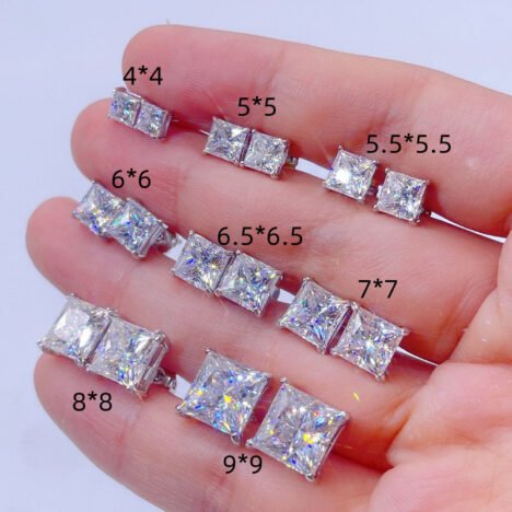 925 Sterling Silver Princess Cut Moissanite Stud Earrings, Screw Back, Hip Hop Style