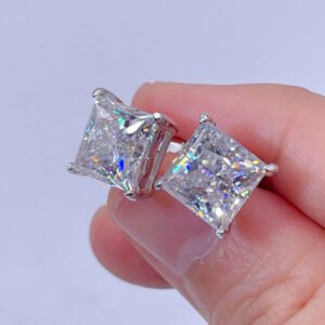 925 Sterling Silver Princess Cut Moissanite Stud Earrings, Screw Back, Hip Hop Style - Image 3
